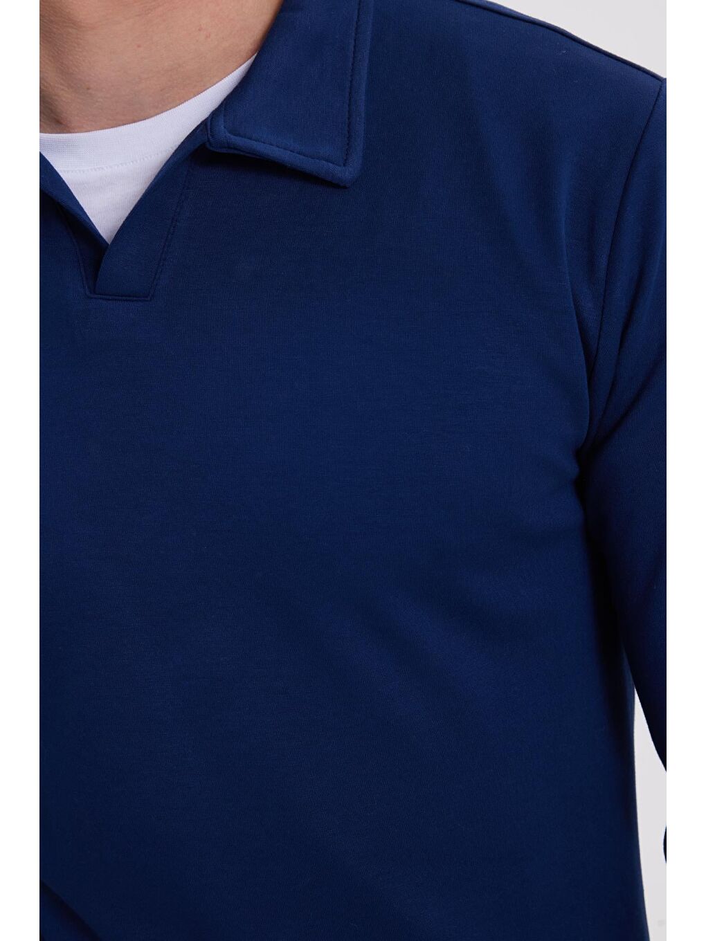 Erkek Relax Fit Rahat Kesim Polo V Yaka Açık Lacivert Sweatshirt-5