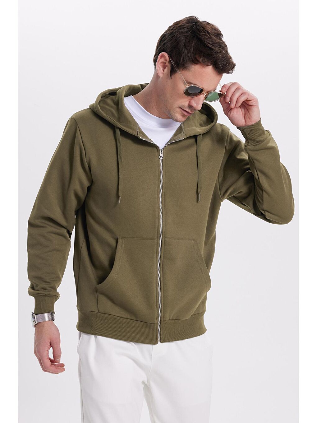 Unisex Relax Fit Rahat Kesim Pamuklu İçi Polarlı Çift Cepli Tam Fermuarlı Haki Kapüşonlu Sweatshirt-3