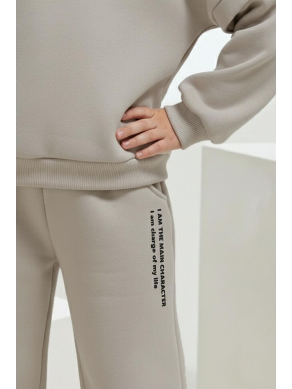 Gri Kız Çocuk Pamuklu Yazı Baskılı Sweatshirt Ve Palazzo Eşofman Takımı-1