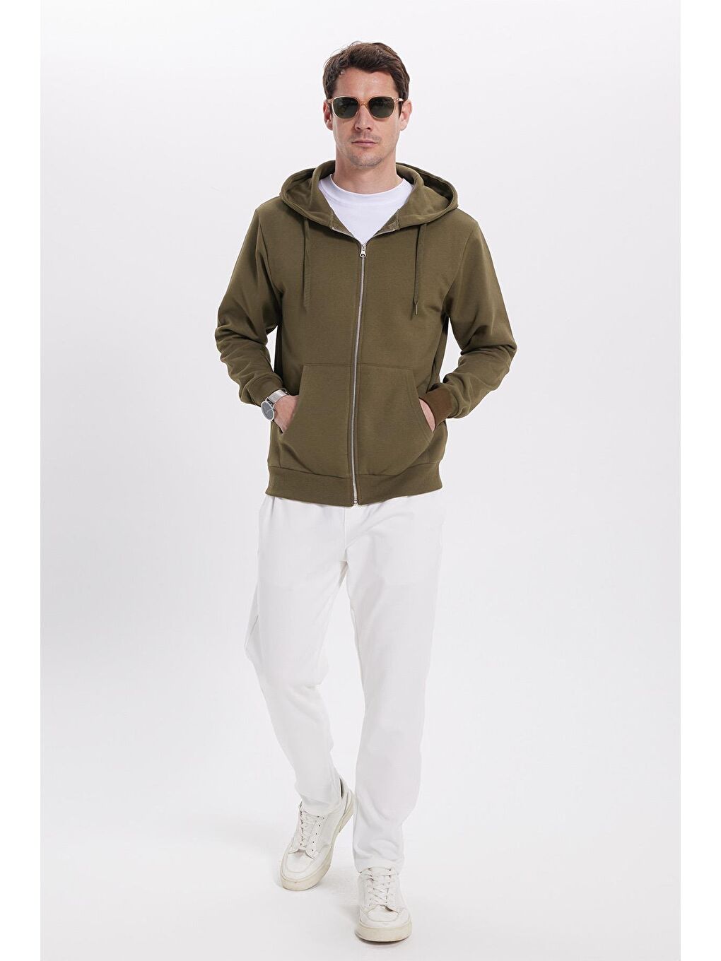 Unisex Relax Fit Rahat Kesim Pamuklu İçi Polarlı Çift Cepli Tam Fermuarlı Haki Kapüşonlu Sweatshirt-4