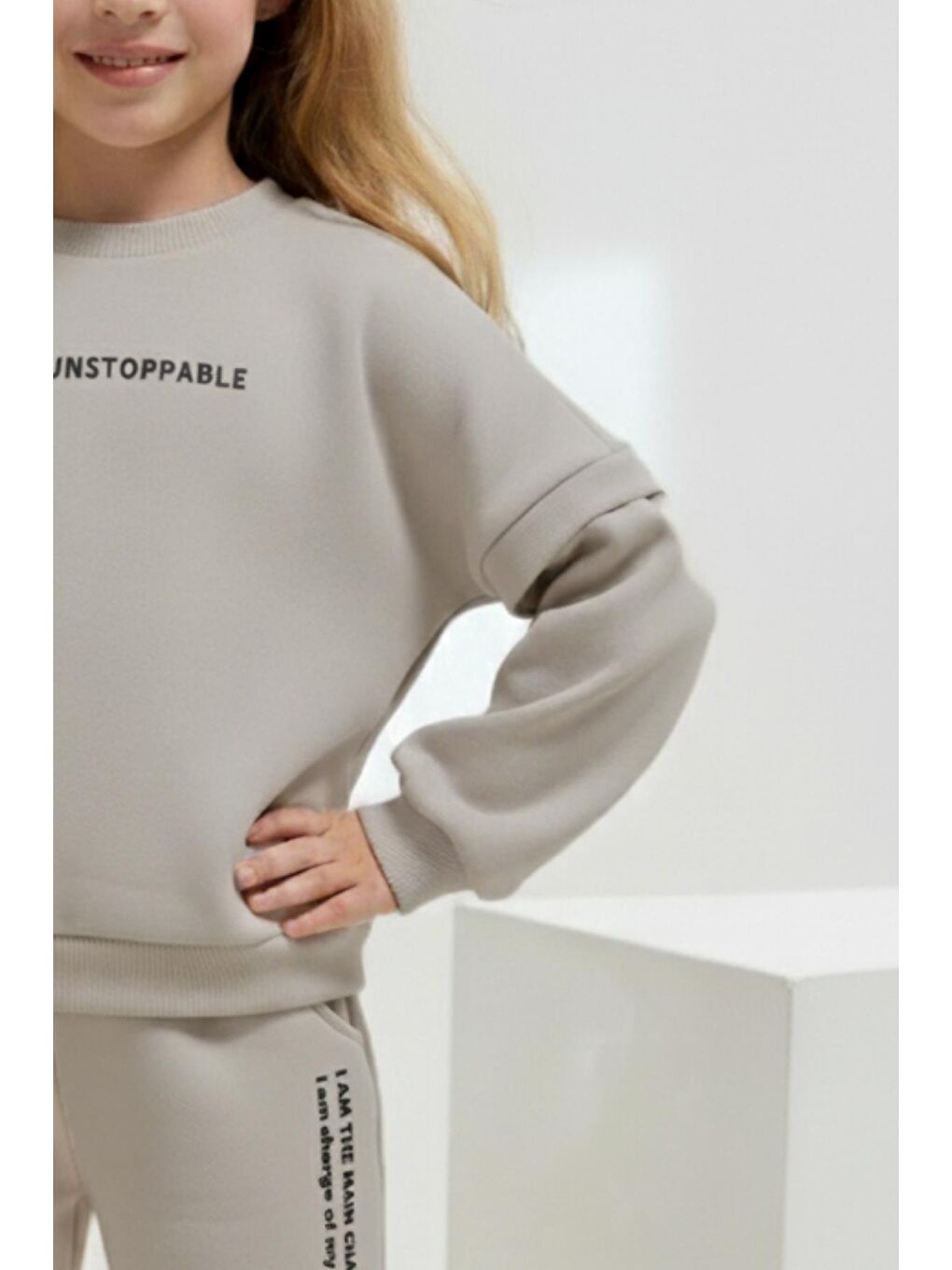 Gri Kız Çocuk Pamuklu Yazı Baskılı Sweatshirt Ve Palazzo Eşofman Takımı-2