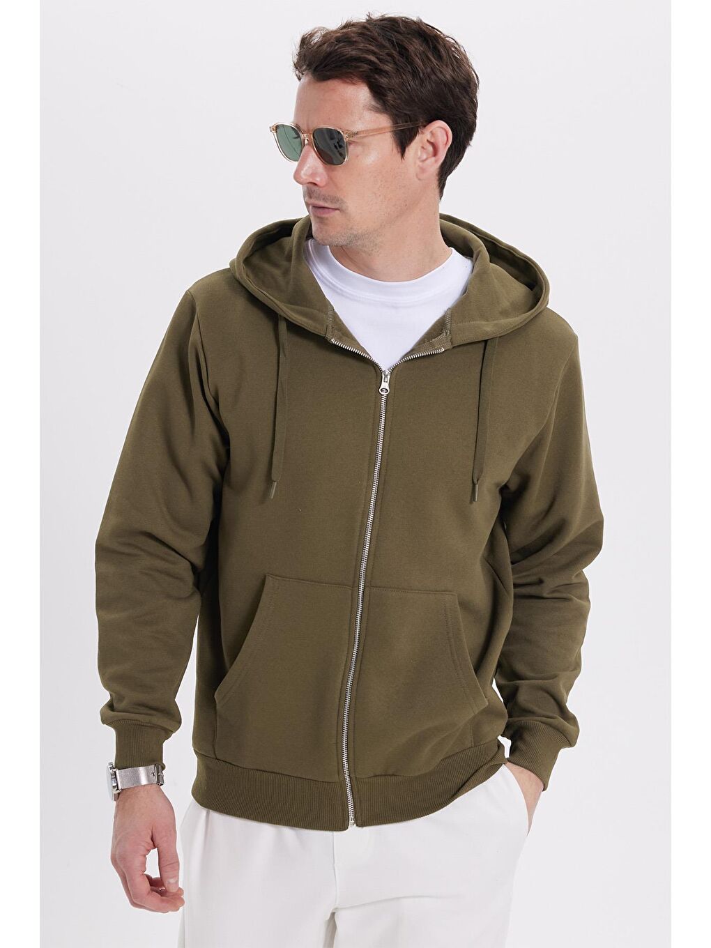 Unisex Relax Fit Rahat Kesim Pamuklu İçi Polarlı Çift Cepli Tam Fermuarlı Haki Kapüşonlu Sweatshirt-5