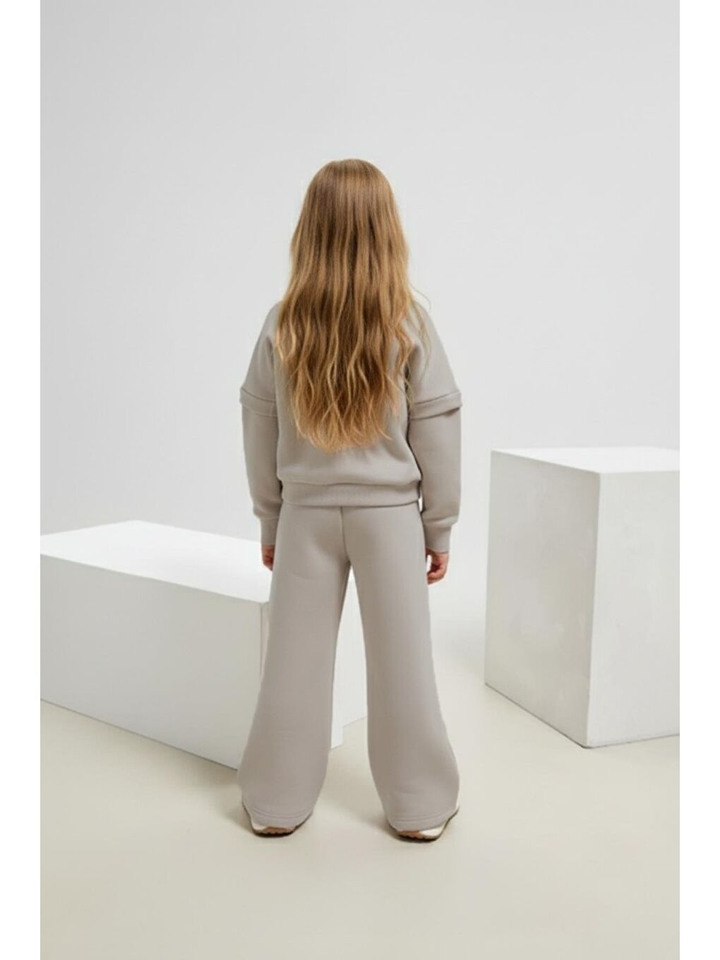 Gri Kız Çocuk Pamuklu Yazı Baskılı Sweatshirt Ve Palazzo Eşofman Takımı-3