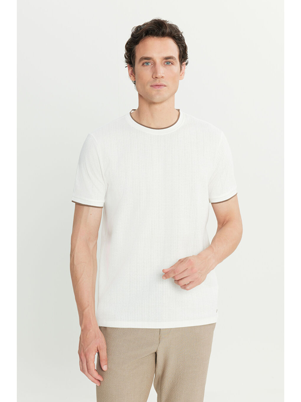 Erkek Ekru Pamuklu Slim Fit Dar Kesim Polo Yaka Jakarlı Esnek Tişört-2