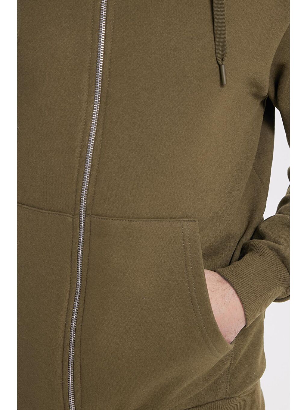 Unisex Relax Fit Rahat Kesim Pamuklu İçi Polarlı Çift Cepli Tam Fermuarlı Haki Kapüşonlu Sweatshirt-6