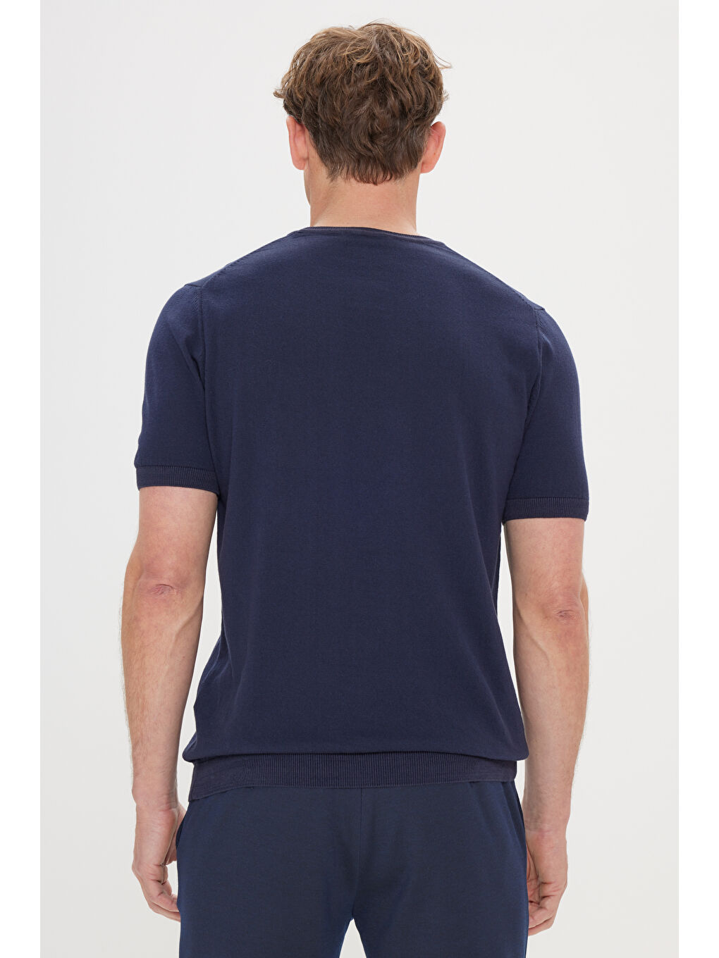 Erkek Lacivert-Ekru Standart Fit %100 Pamuk Jakarlı Bisiklet Yaka Triko Tişört-4