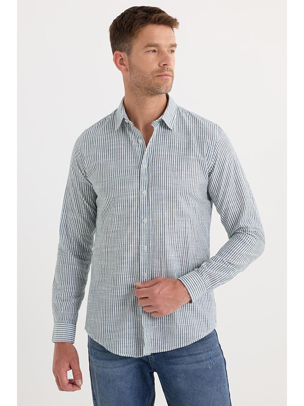 Karışık Erkek Slim Fit Dar Kesim Uzun Kollu %100 Pamuk Keten Doku Yeşil Çizgili Gömlek-1