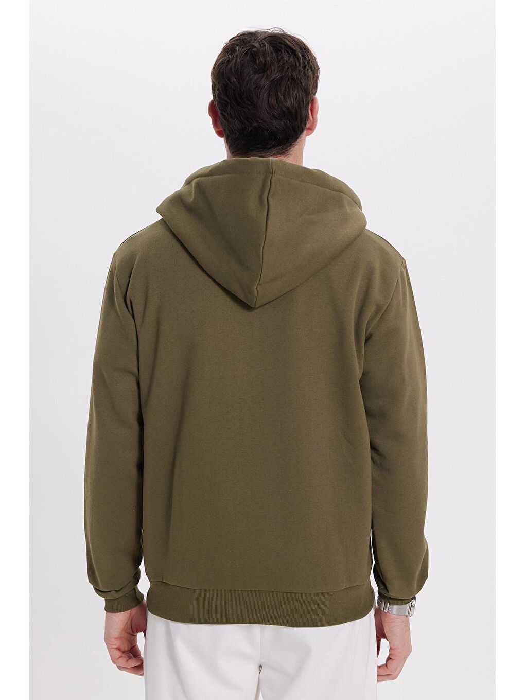 Unisex Relax Fit Rahat Kesim Pamuklu İçi Polarlı Çift Cepli Tam Fermuarlı Haki Kapüşonlu Sweatshirt-7