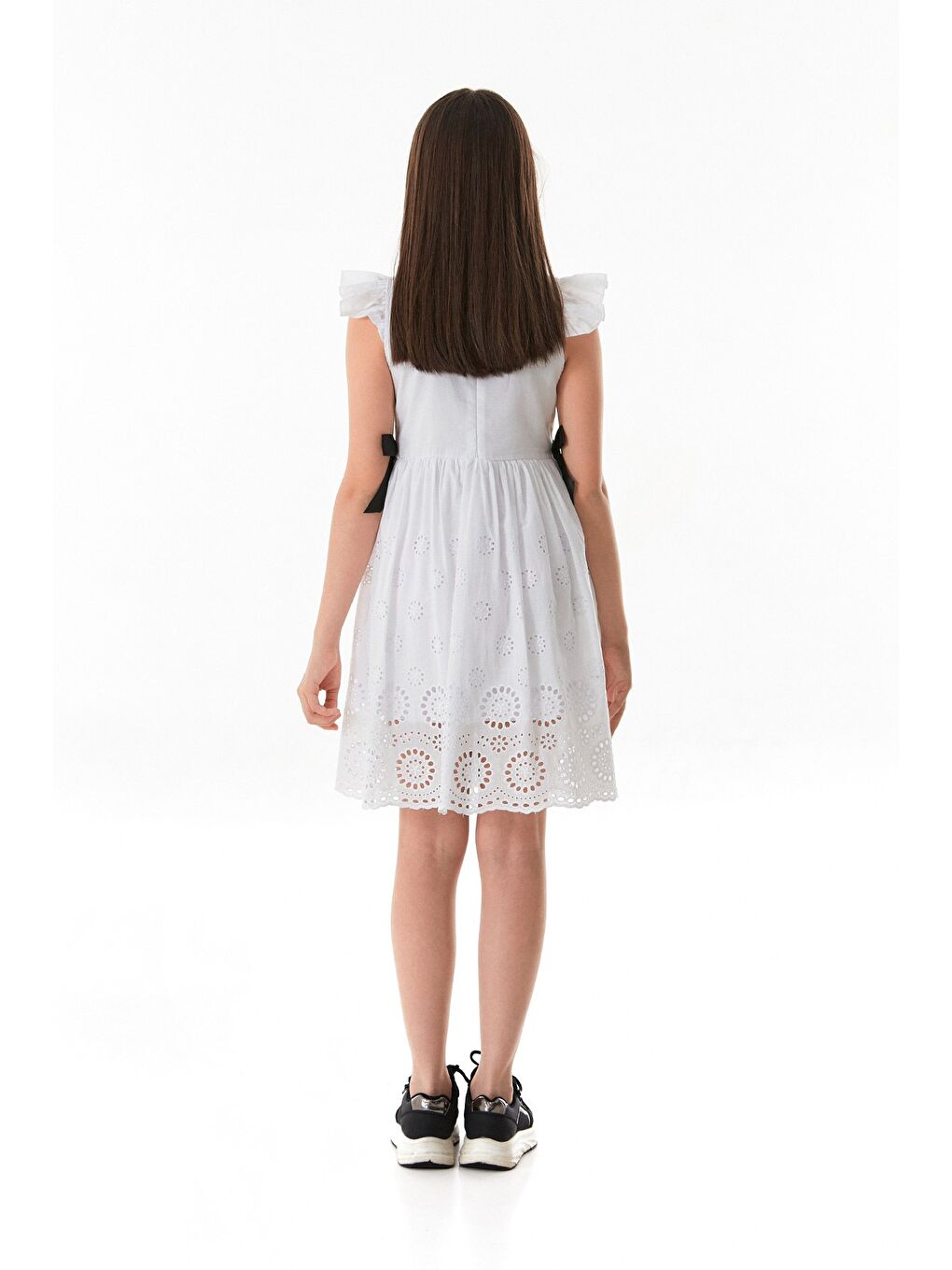 Beyaz Yanları Fiyonk Detaylı Kız Çocuk Elbise-3