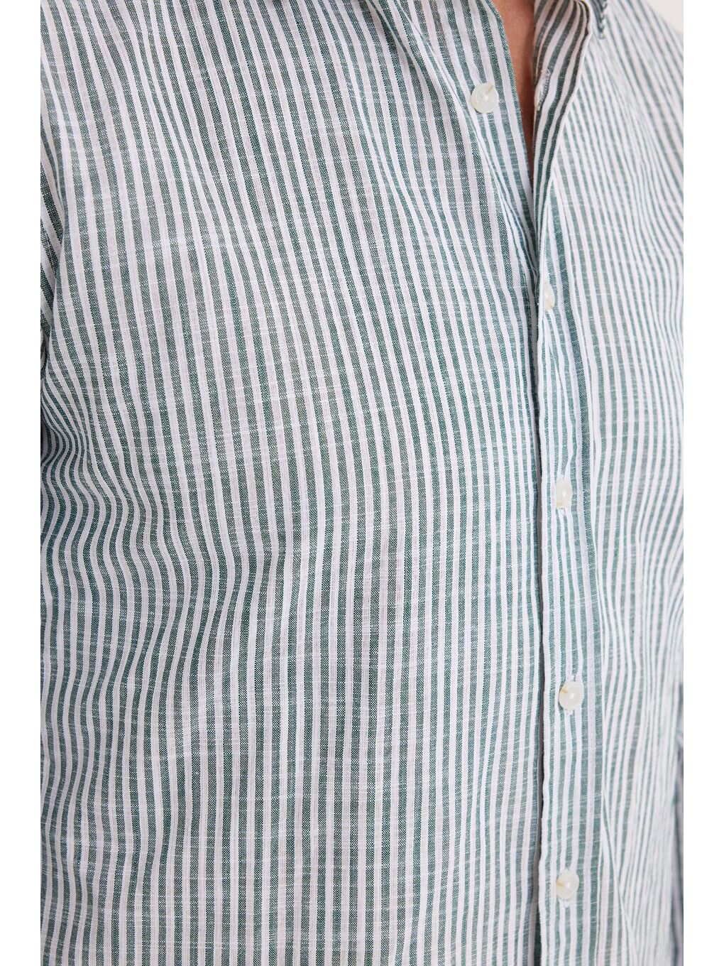 Karışık Erkek Slim Fit Dar Kesim Uzun Kollu %100 Pamuk Keten Doku Yeşil Çizgili Gömlek-2
