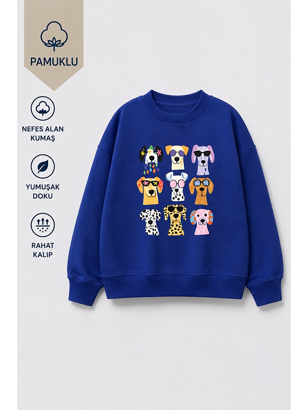 Lacivert Kız Çocuk 3 İplik Kumaş Pamuklu Köpek Baskılı Sweatshirt-1