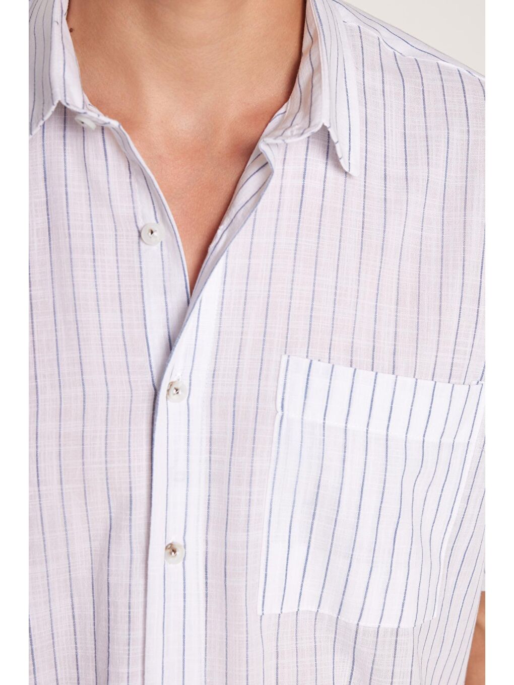 Karışık Erkek Regular Fit Klasik Kesim %100 Pamuk Kısa Kollu Keten Doku Tek Cep Çizgili Gömlek-2