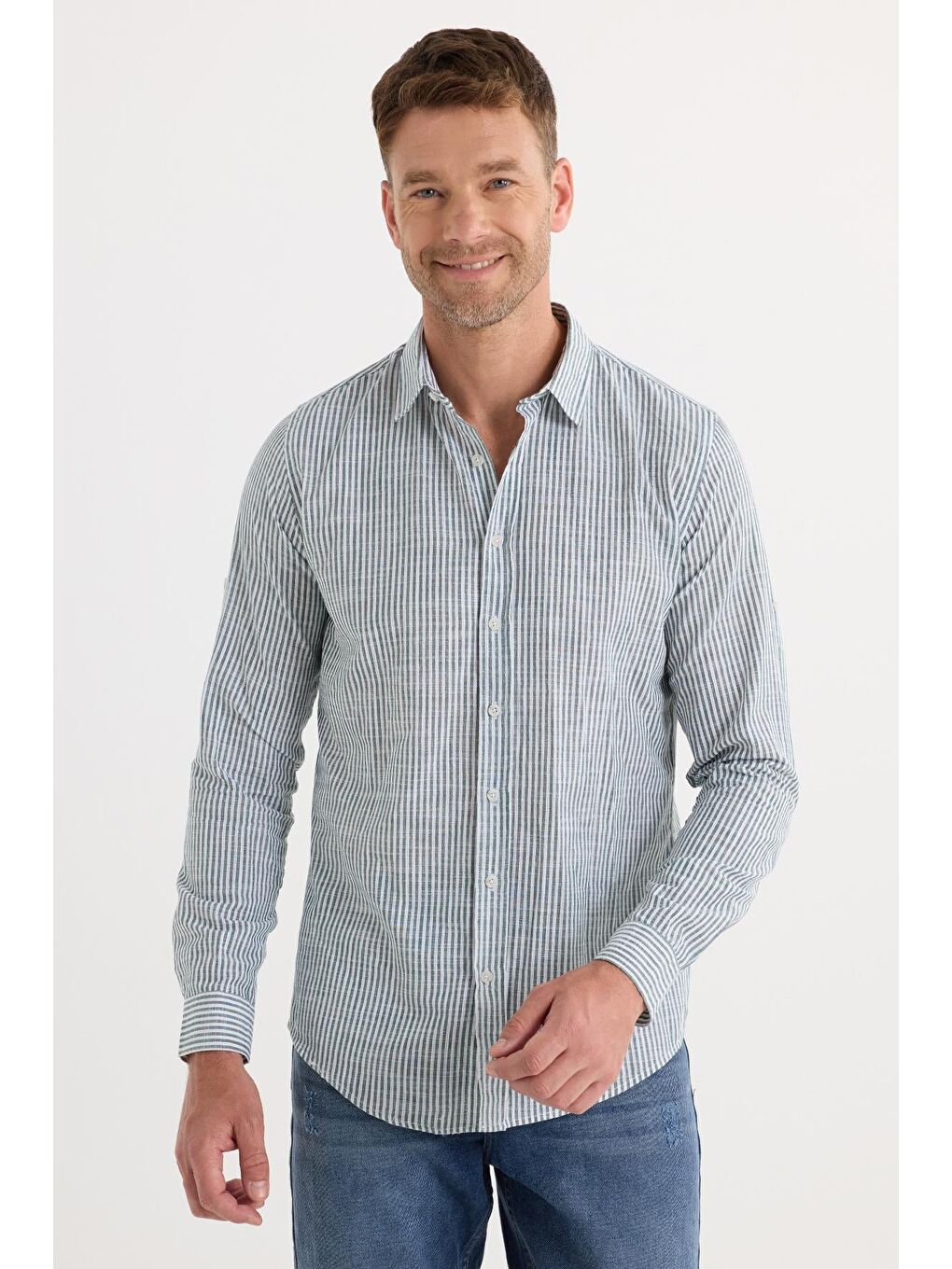 Karışık Erkek Slim Fit Dar Kesim Uzun Kollu %100 Pamuk Keten Doku Yeşil Çizgili Gömlek-3