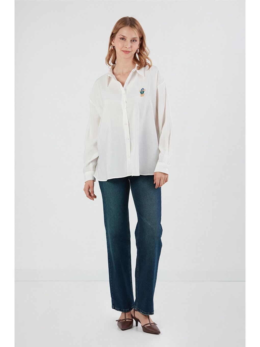 Ekru Ayıcık Nakışlı Uzun Kollu Oversize Modal Gömlek-1