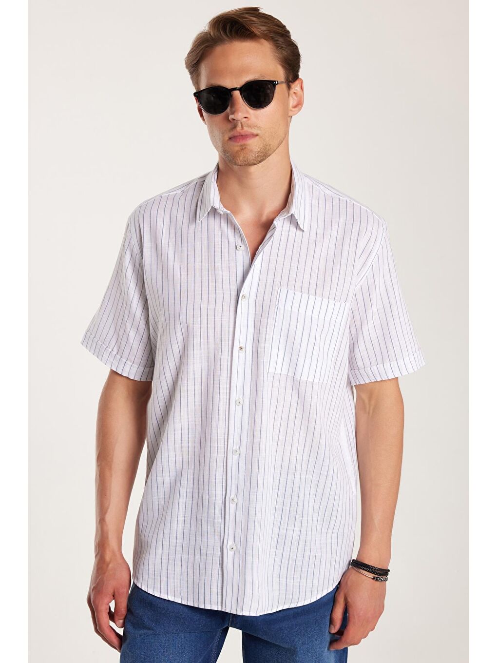 Karışık Erkek Regular Fit Klasik Kesim %100 Pamuk Kısa Kollu Keten Doku Tek Cep Çizgili Gömlek-3