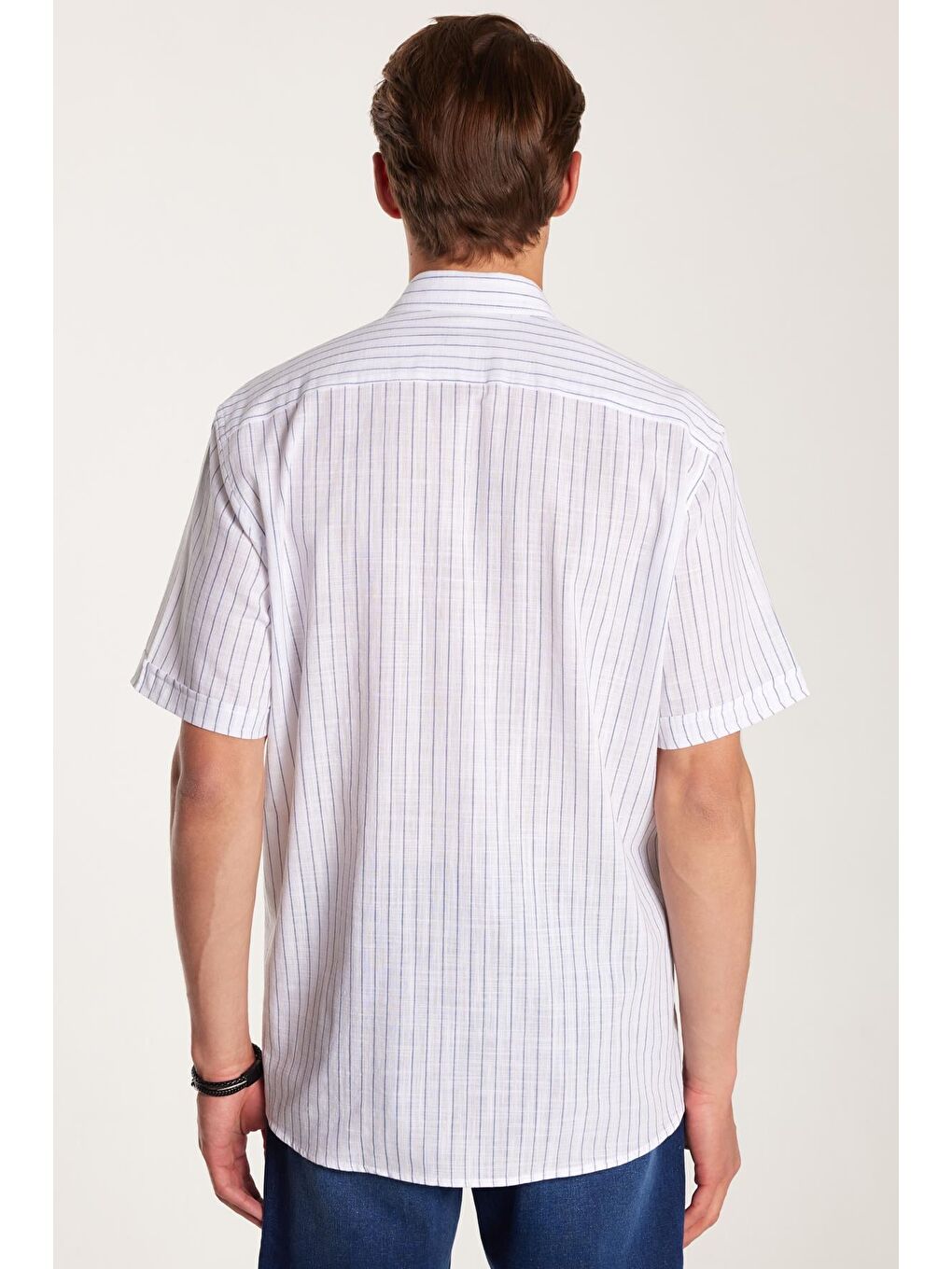 Karışık Erkek Regular Fit Klasik Kesim %100 Pamuk Kısa Kollu Keten Doku Tek Cep Çizgili Gömlek-4