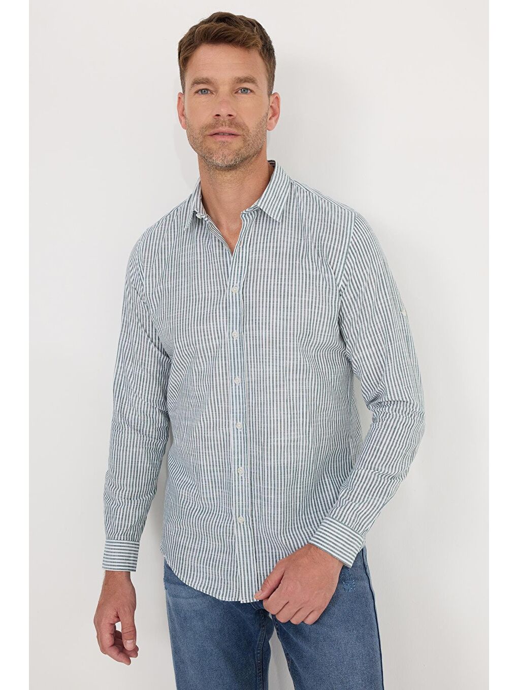 Karışık Erkek Slim Fit Dar Kesim Uzun Kollu %100 Pamuk Keten Doku Yeşil Çizgili Gömlek-4