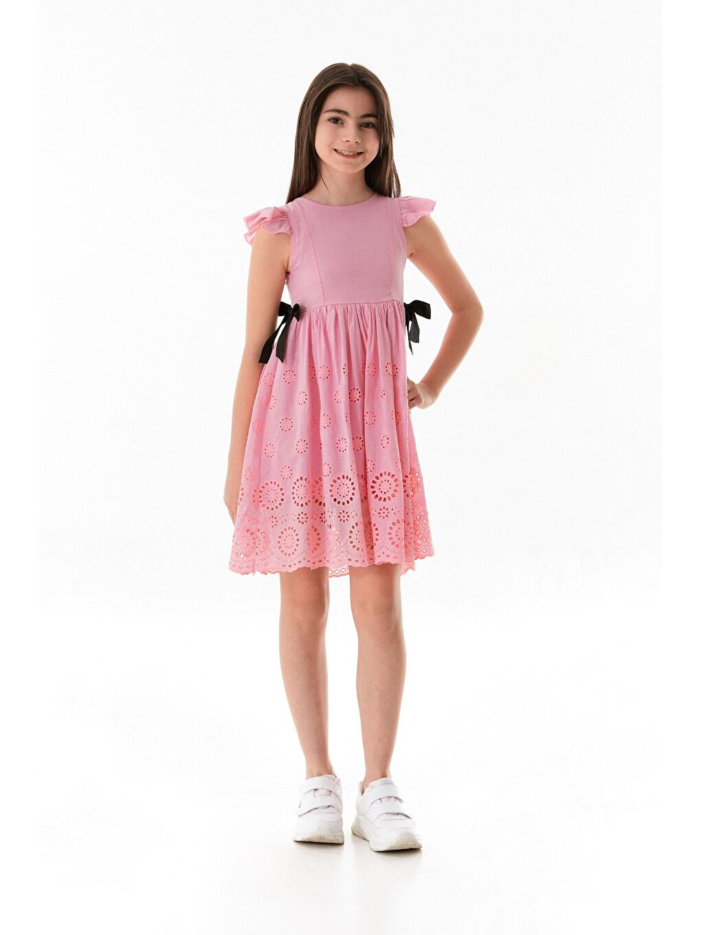 Pembe Yanları Fiyonk Detaylı Kız Çocuk Elbise