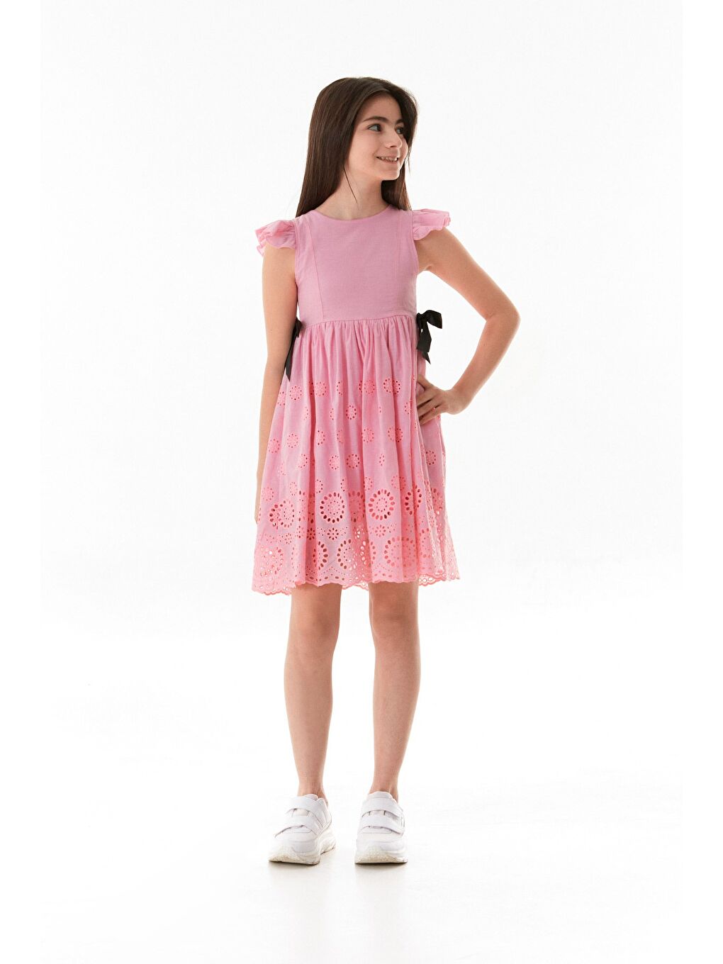 Pembe Yanları Fiyonk Detaylı Kız Çocuk Elbise-1