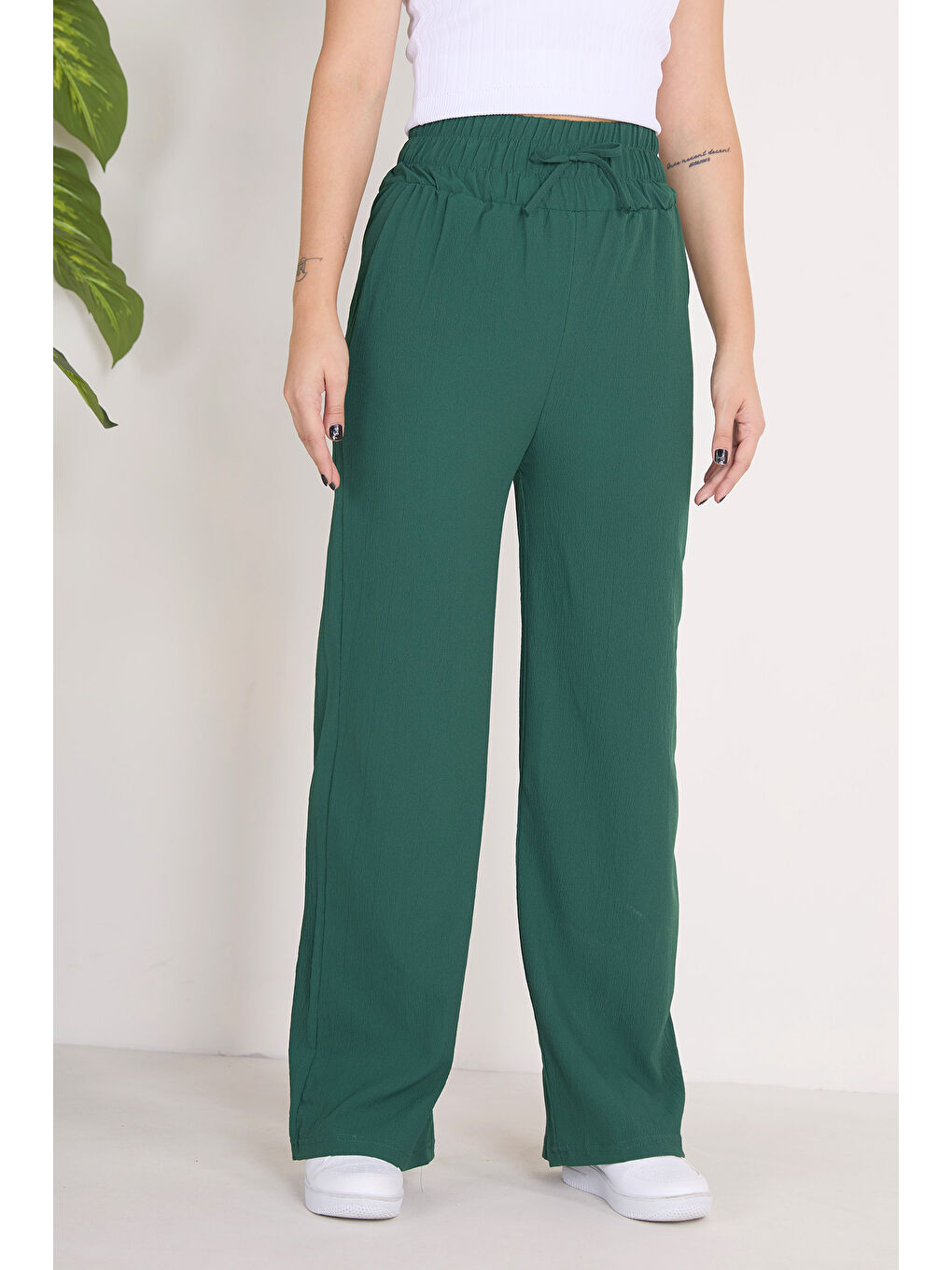 Yeşil Beli Lastikli Pantolon Zümrüt - 27074-2