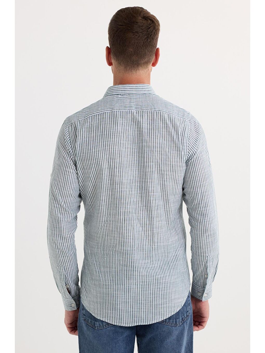 Karışık Erkek Slim Fit Dar Kesim Uzun Kollu %100 Pamuk Keten Doku Yeşil Çizgili Gömlek-6