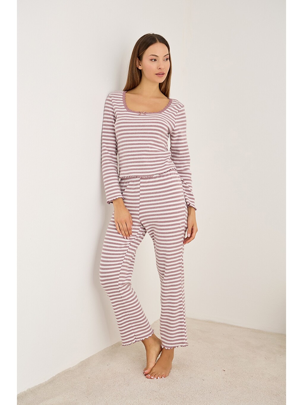 Karışık Fırçalı Soft Fitilli Kaşkorse Dantelli Pijama Takım25226011-1