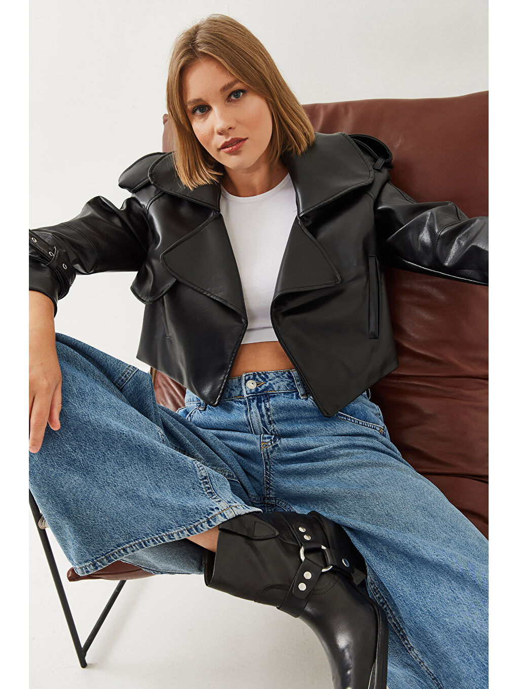 SHADE Siyah Kadın Oversize Suni Deri Ceket - 3
