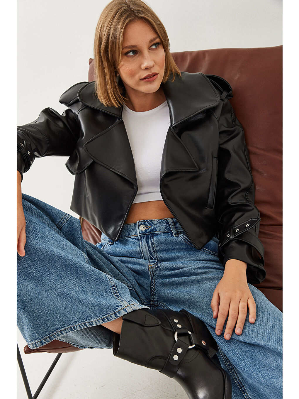 SHADE Siyah Kadın Oversize Suni Deri Ceket - 4