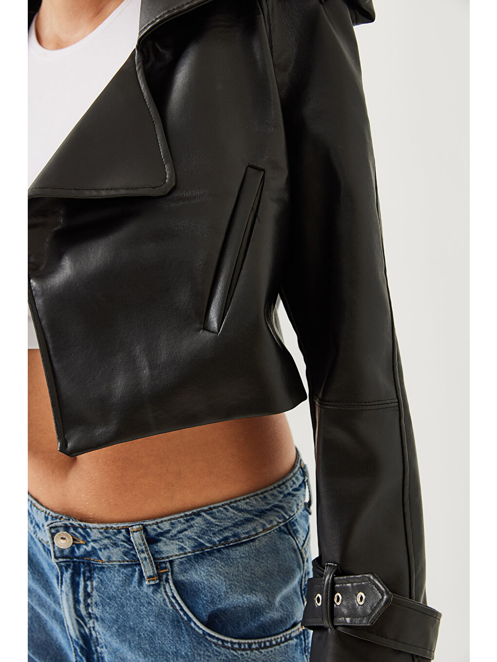 SHADE Siyah Kadın Oversize Suni Deri Ceket - 6