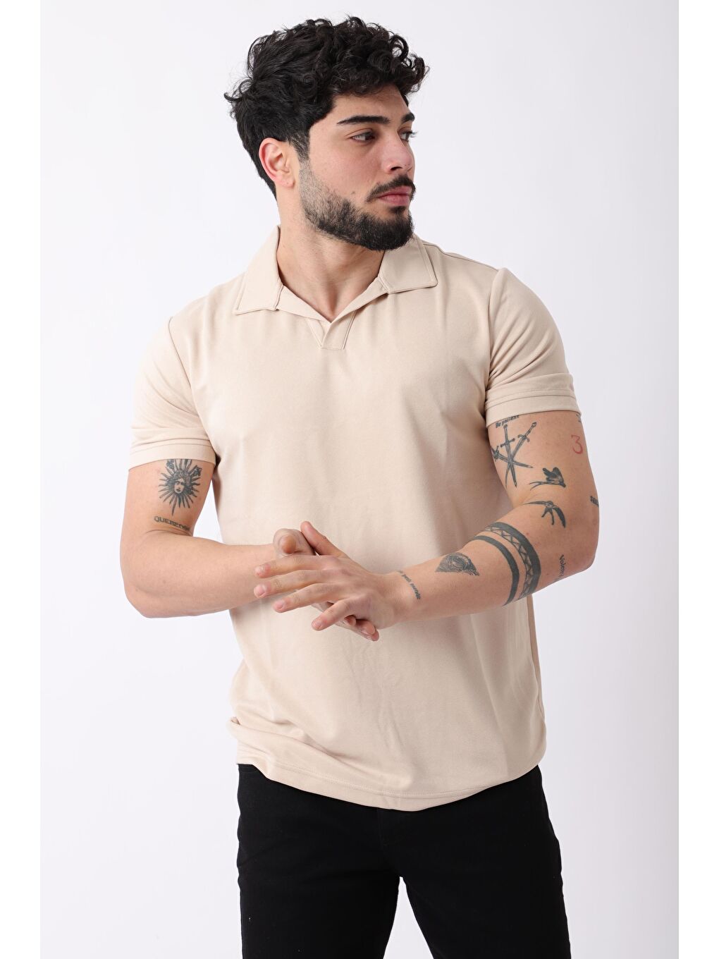 Stilkombin Bej Apaç Yaka Düz Erkek Tişört JS 1029_30416 - 3