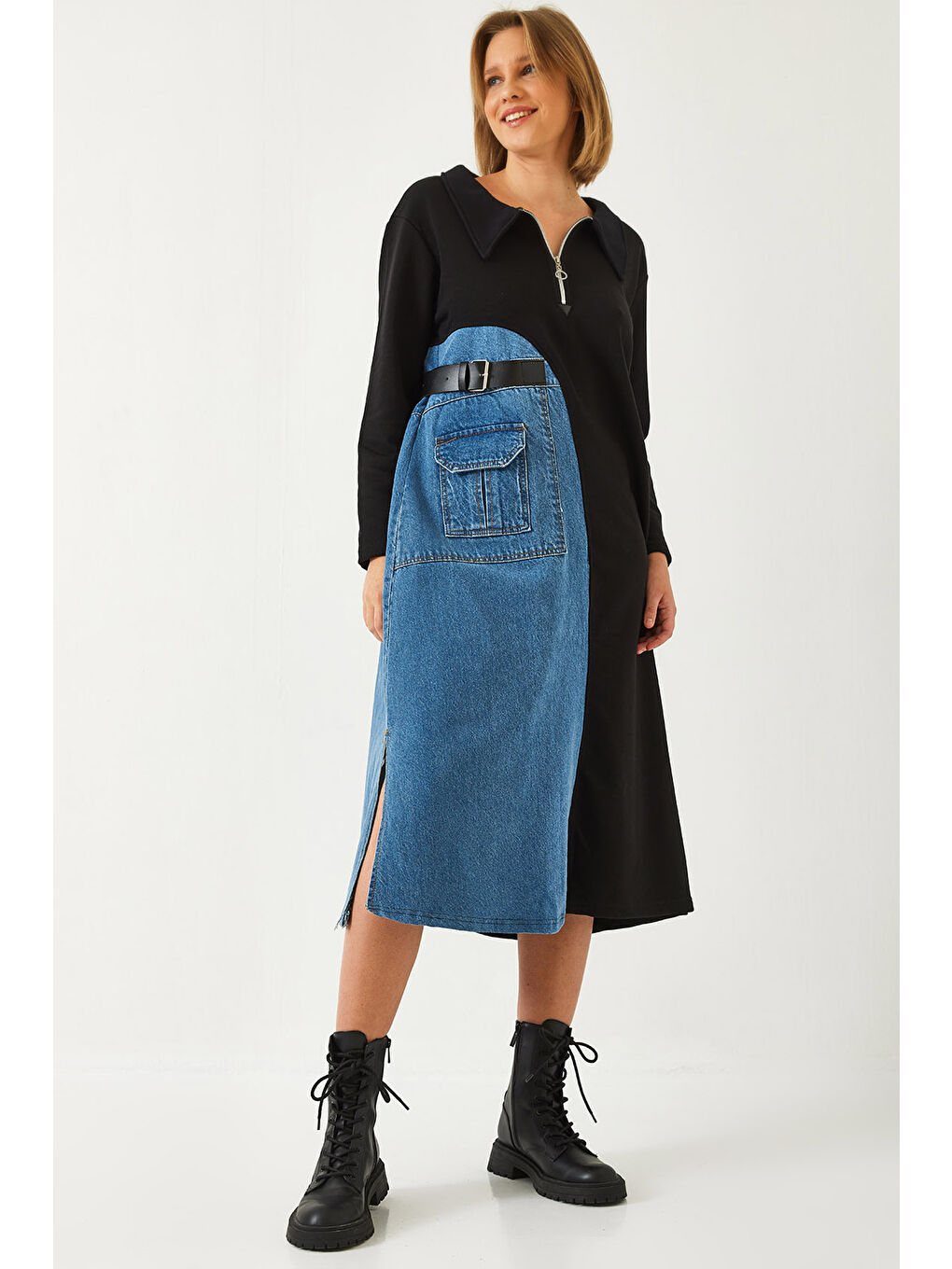 SHADE Siyah Kadın Denim Detaylı Uzun Elbise