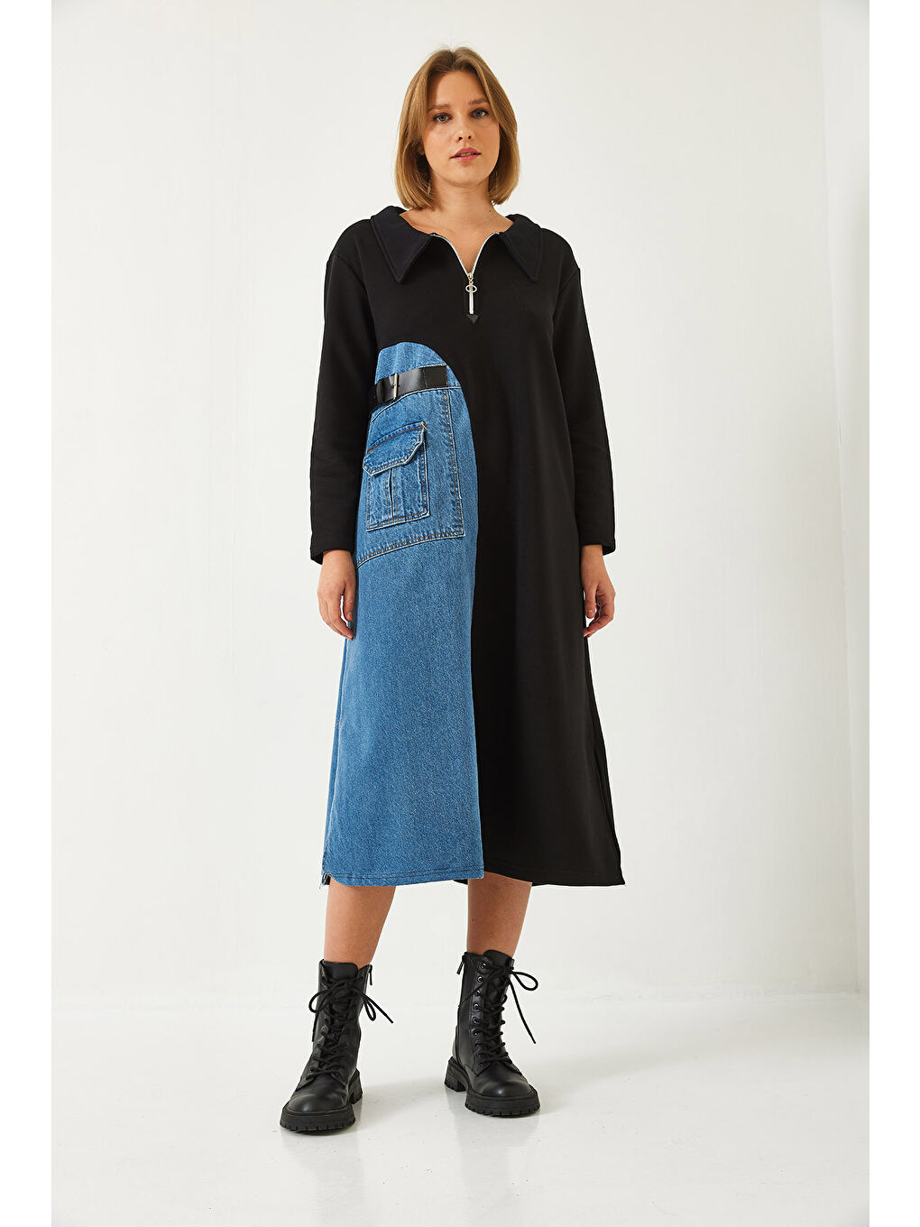 SHADE Siyah Kadın Denim Detaylı Uzun Elbise - 1