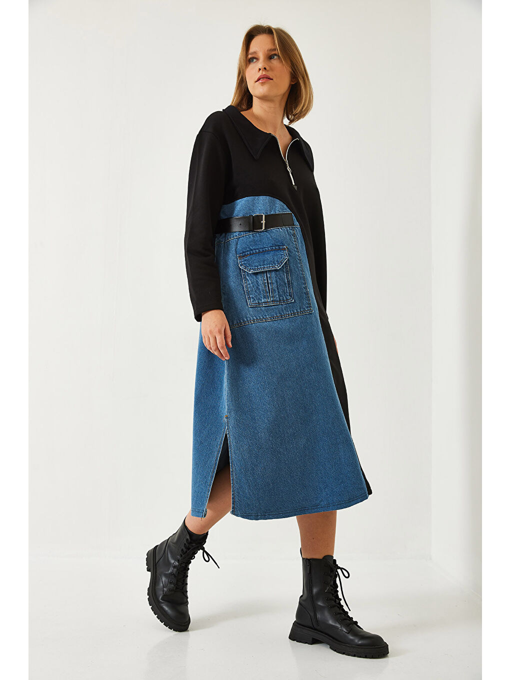 SHADE Siyah Kadın Denim Detaylı Uzun Elbise - 3