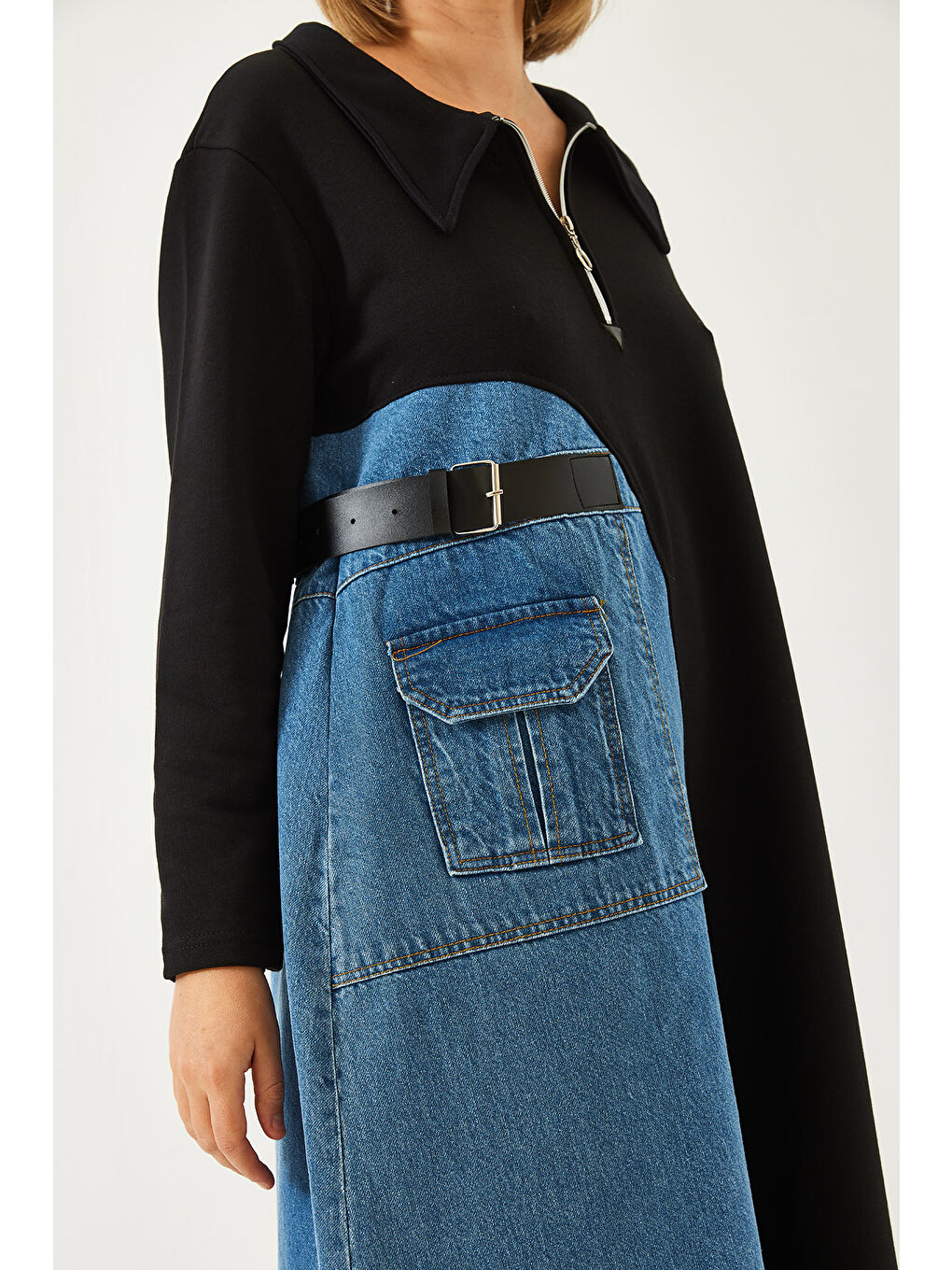 SHADE Siyah Kadın Denim Detaylı Uzun Elbise - 4