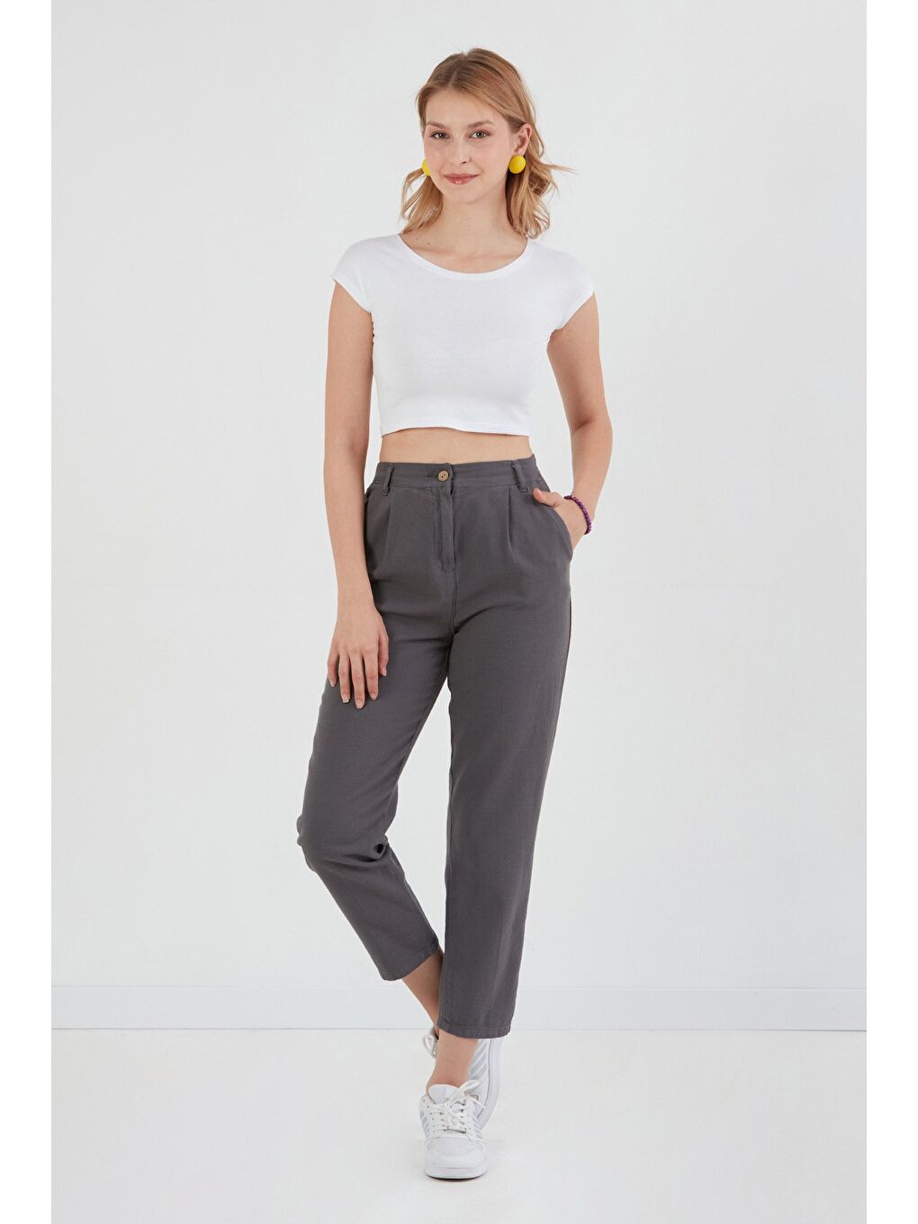 Antrasit Fermuarlı Cepli Keten Pantolon