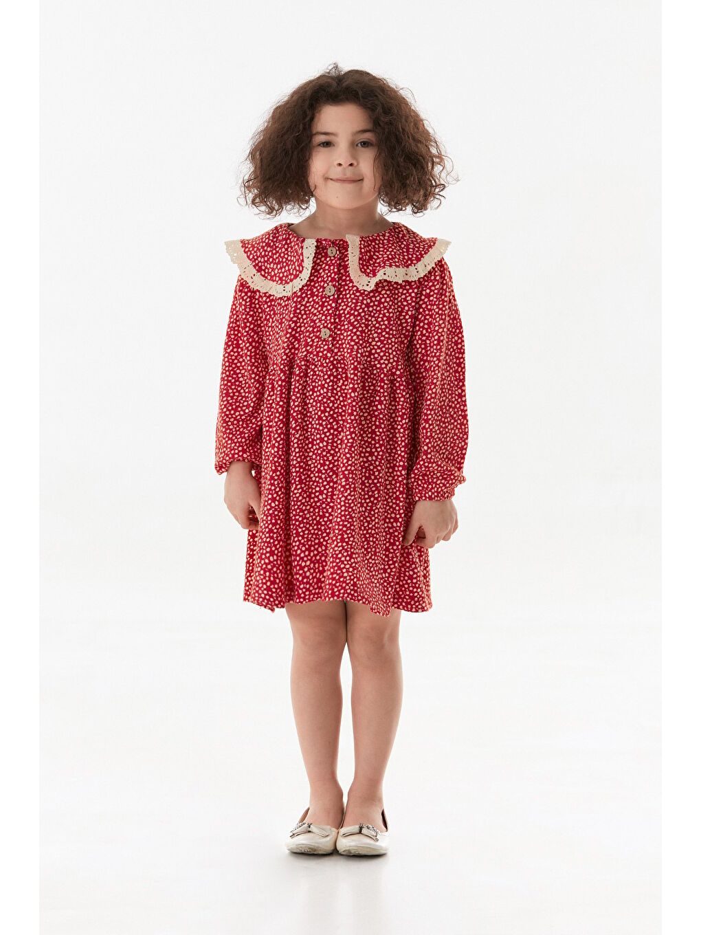 Kırmızı Çiçekli Bebe Yaka Kız Çocuk Elbise