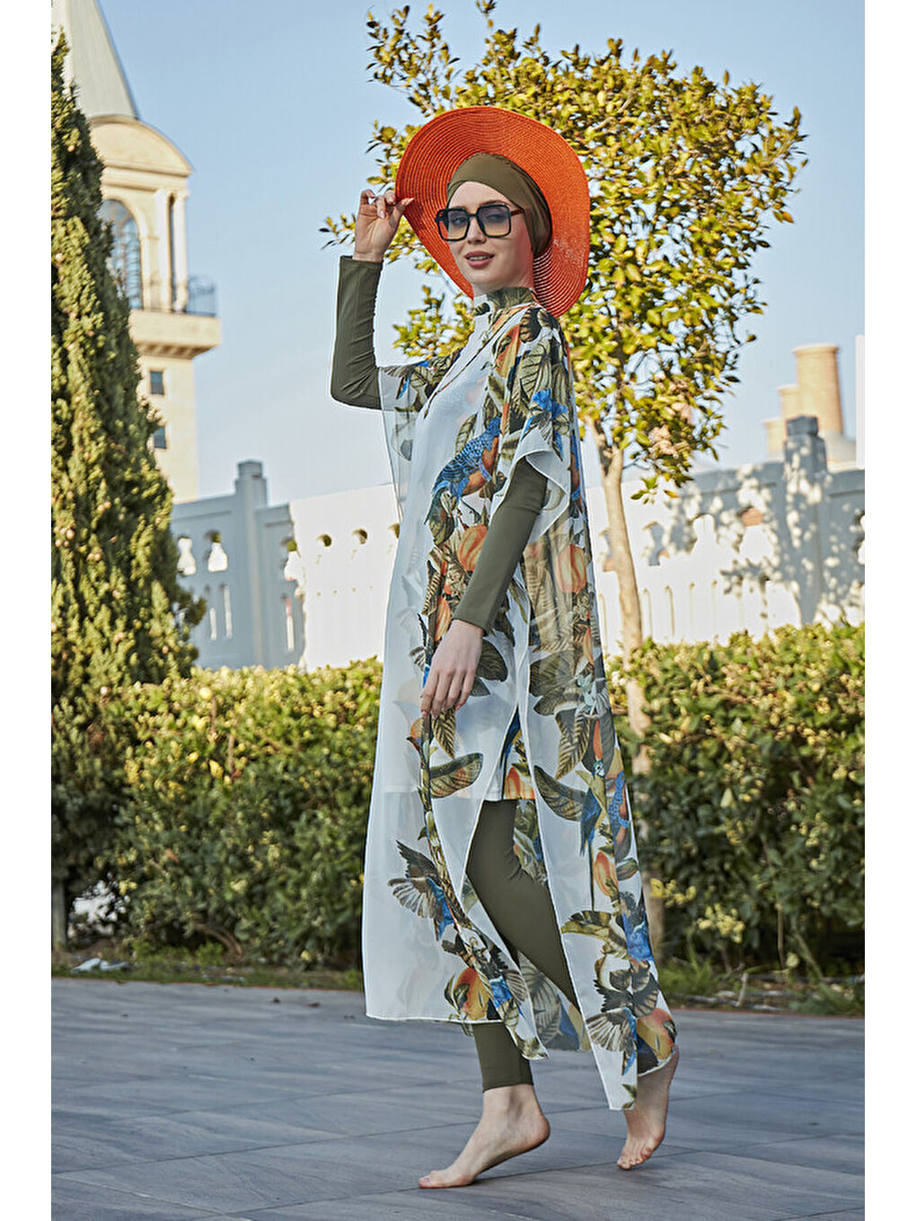 Beyaz Tesettür Mayo Üzerine Desenli Tek Kaftan Pareo 430-552 Brezilya-1