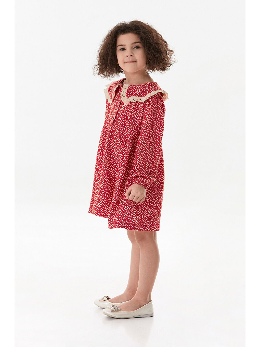 Kırmızı Çiçekli Bebe Yaka Kız Çocuk Elbise-1