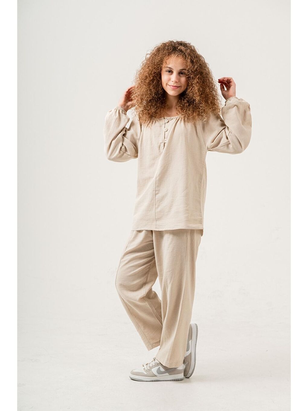 Bej Kız Çocuk %100 Jüt Pamuk Alt-Üst Takım P1038-1