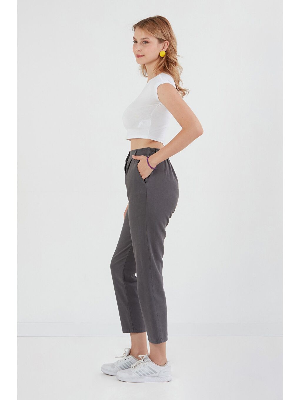 Antrasit Fermuarlı Cepli Keten Pantolon-2