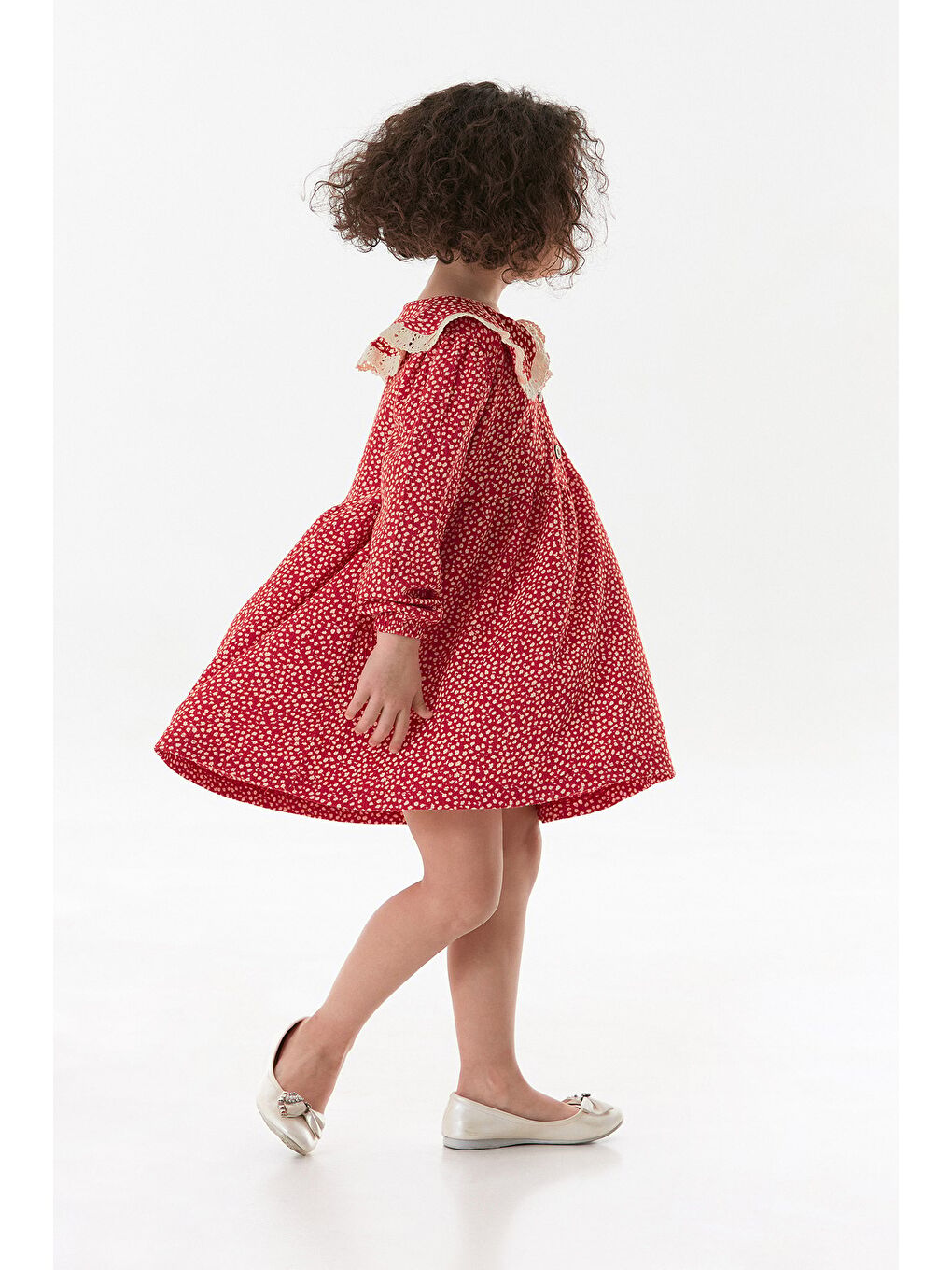 Kırmızı Çiçekli Bebe Yaka Kız Çocuk Elbise-2