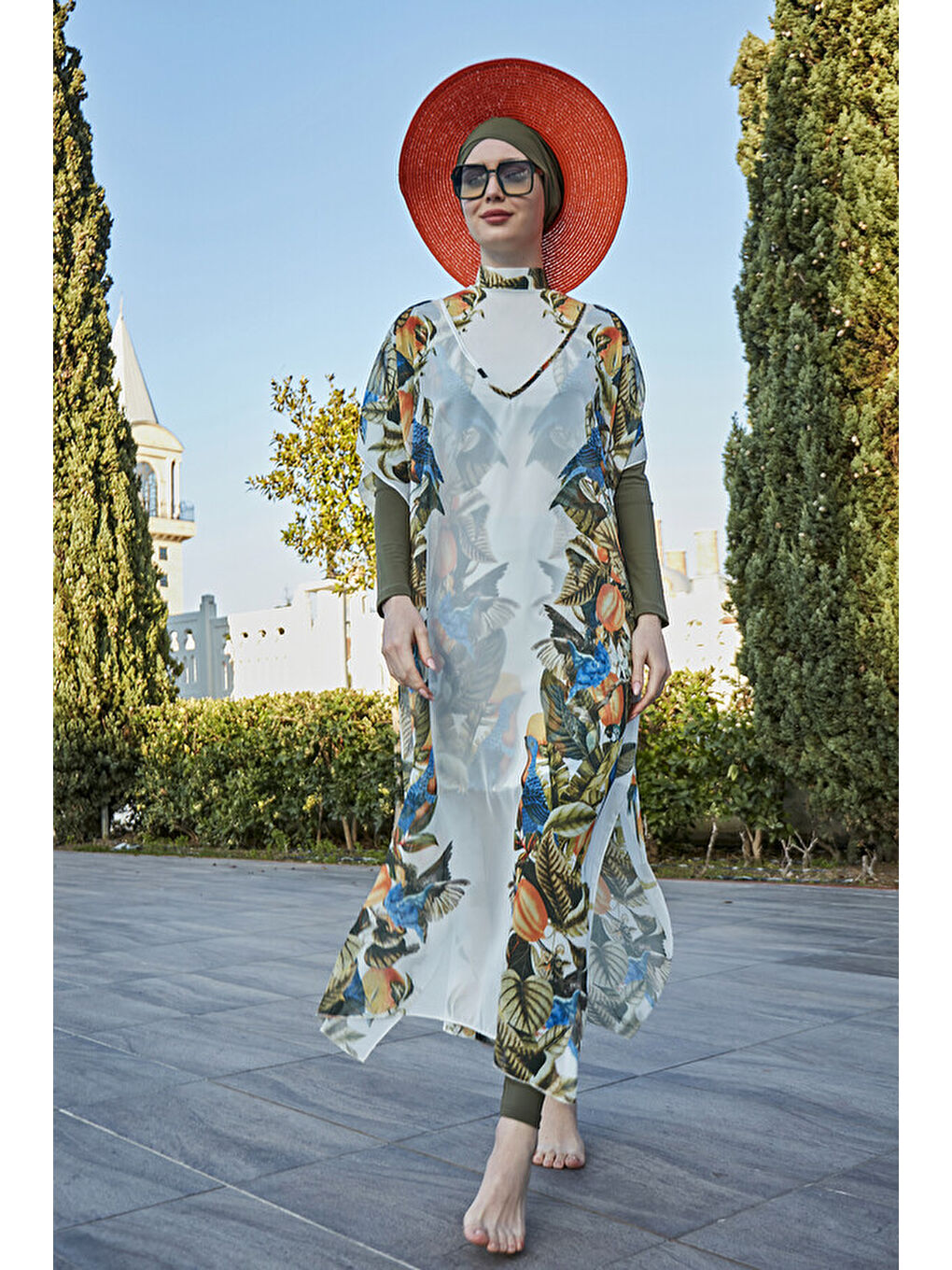 Beyaz Tesettür Mayo Üzerine Desenli Tek Kaftan Pareo 430-552 Brezilya-2