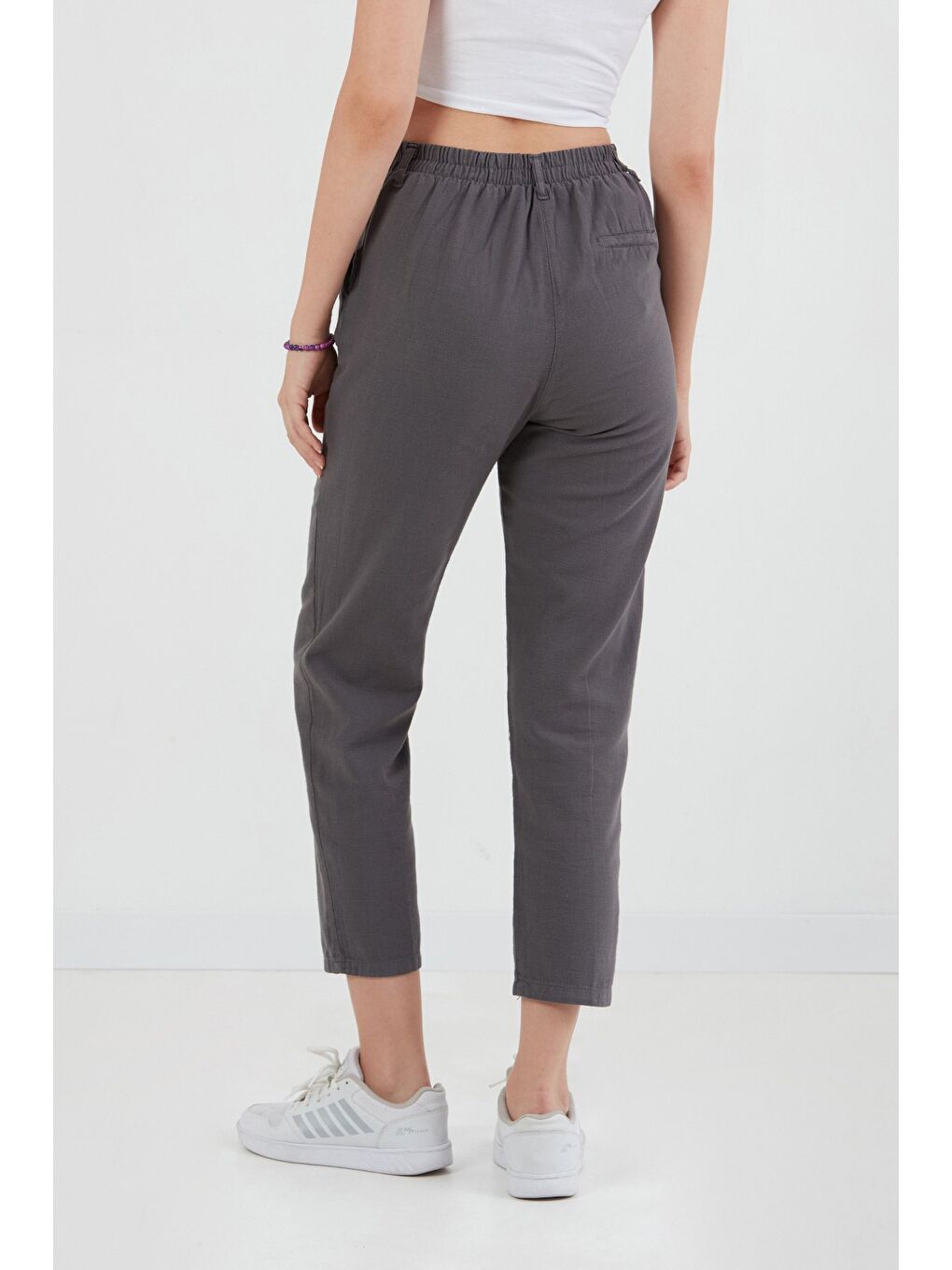 Antrasit Fermuarlı Cepli Keten Pantolon-3