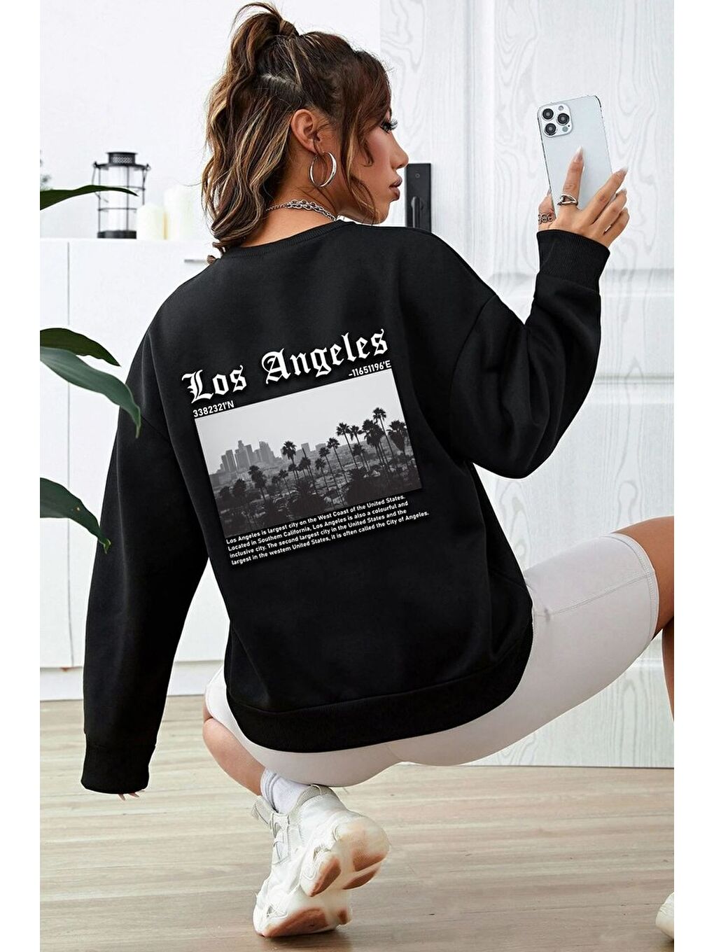 Siyah Unisex Los Angles Baskılı Bisiklet Yaka Sweatshirt-1
