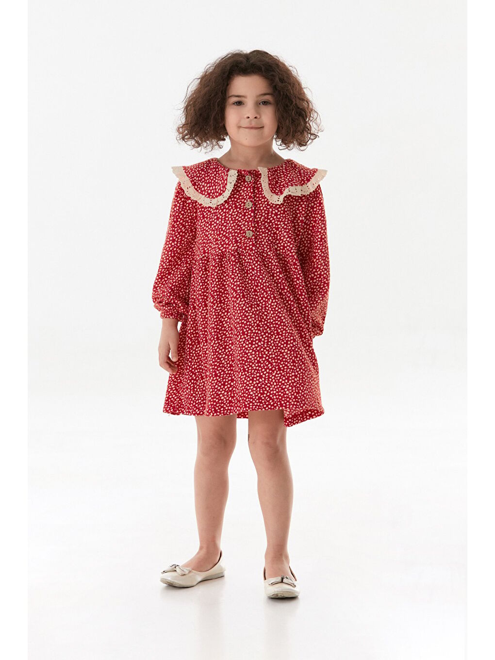 Kırmızı Çiçekli Bebe Yaka Kız Çocuk Elbise-3