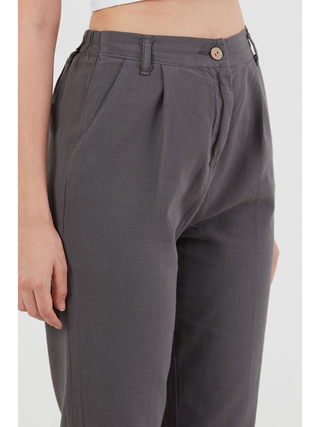 Antrasit Fermuarlı Cepli Keten Pantolon-4