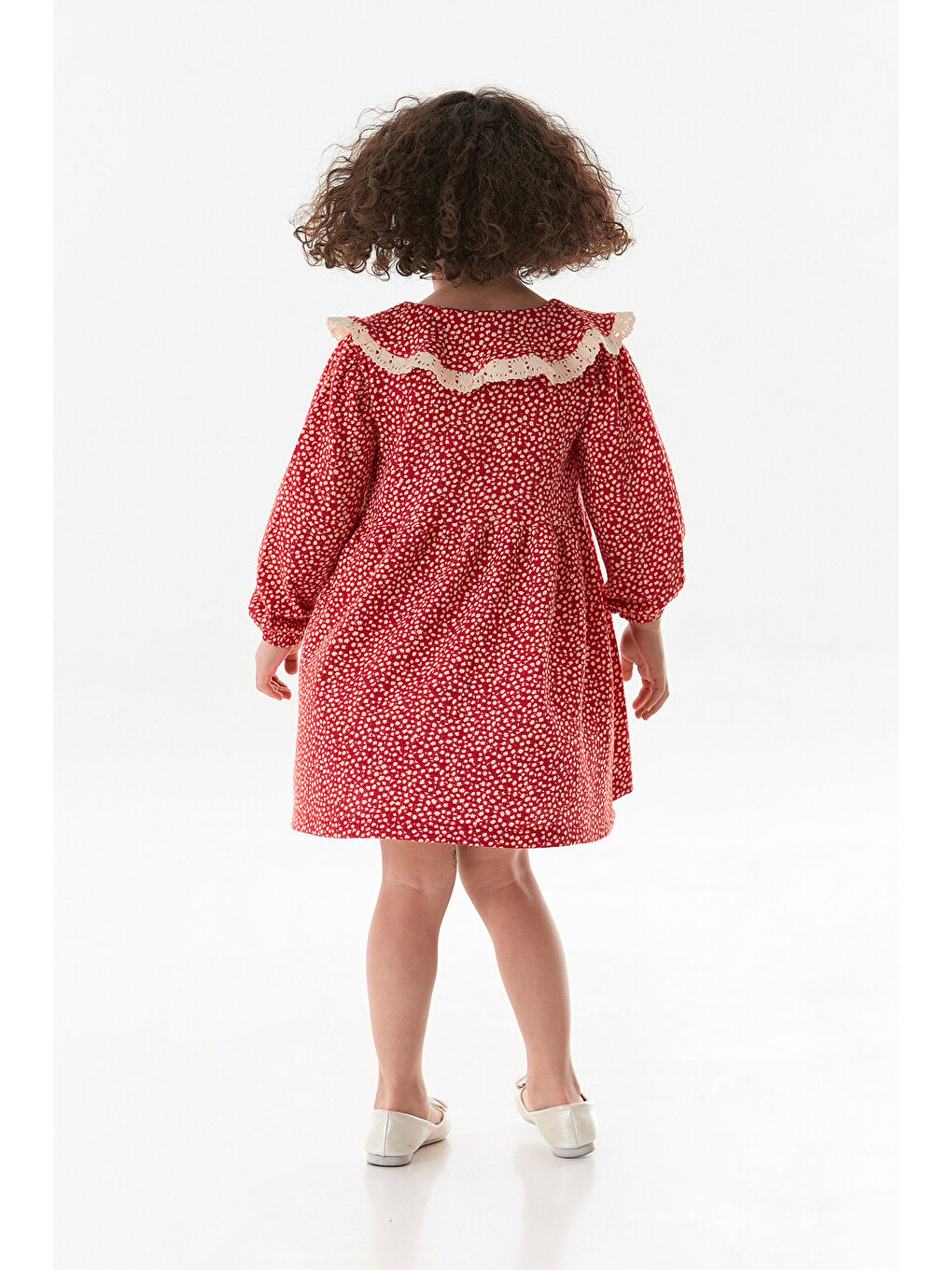 Kırmızı Çiçekli Bebe Yaka Kız Çocuk Elbise-4