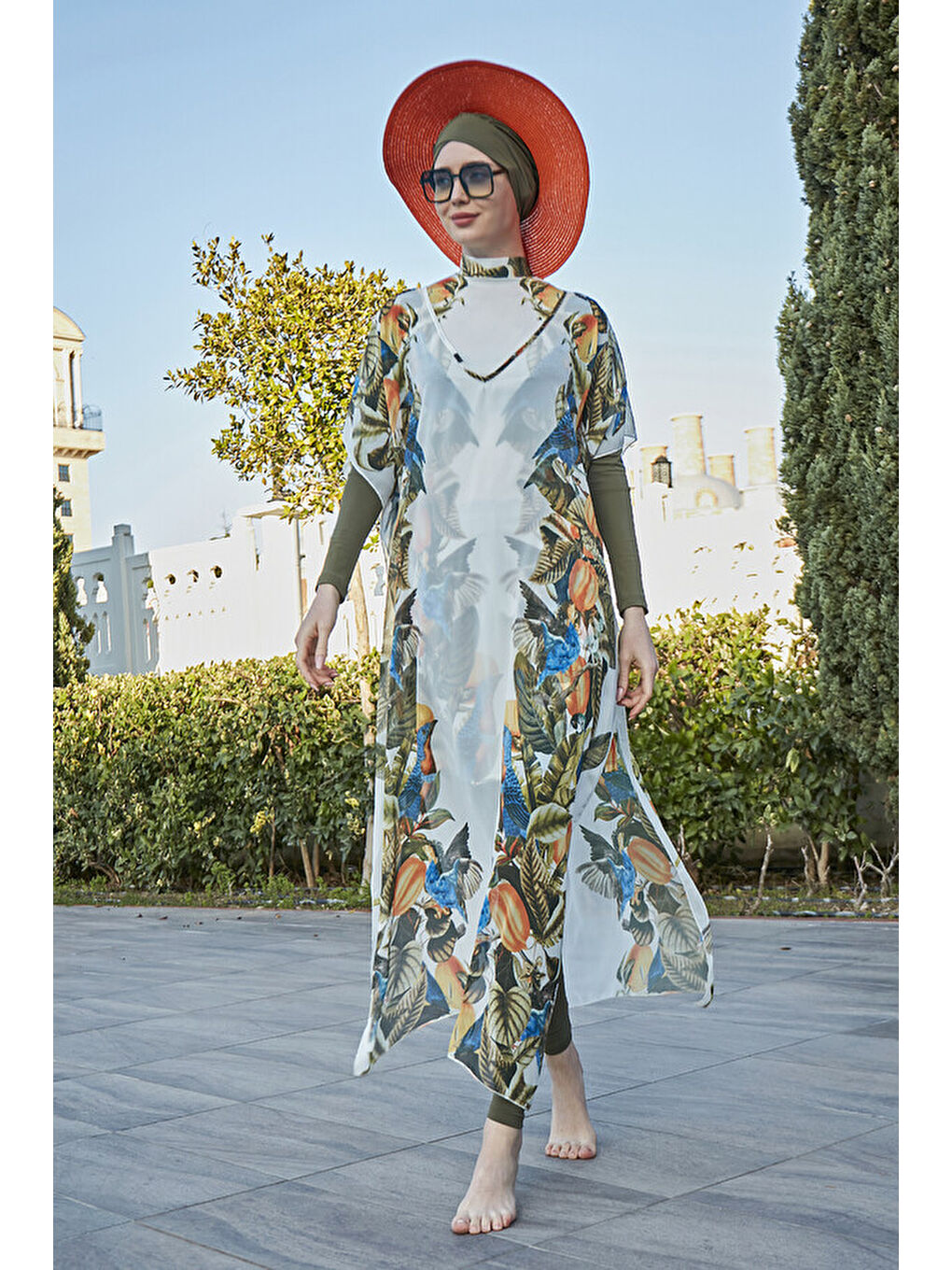 Beyaz Tesettür Mayo Üzerine Desenli Tek Kaftan Pareo 430-552 Brezilya-3