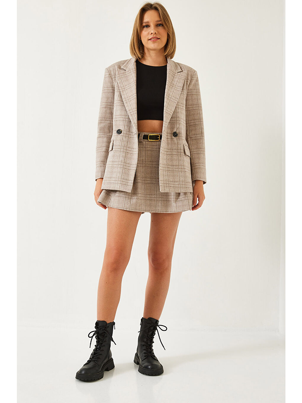 Bej Kadın Ekose Desenli Kaşe Kemerli Şortlu Etek-3