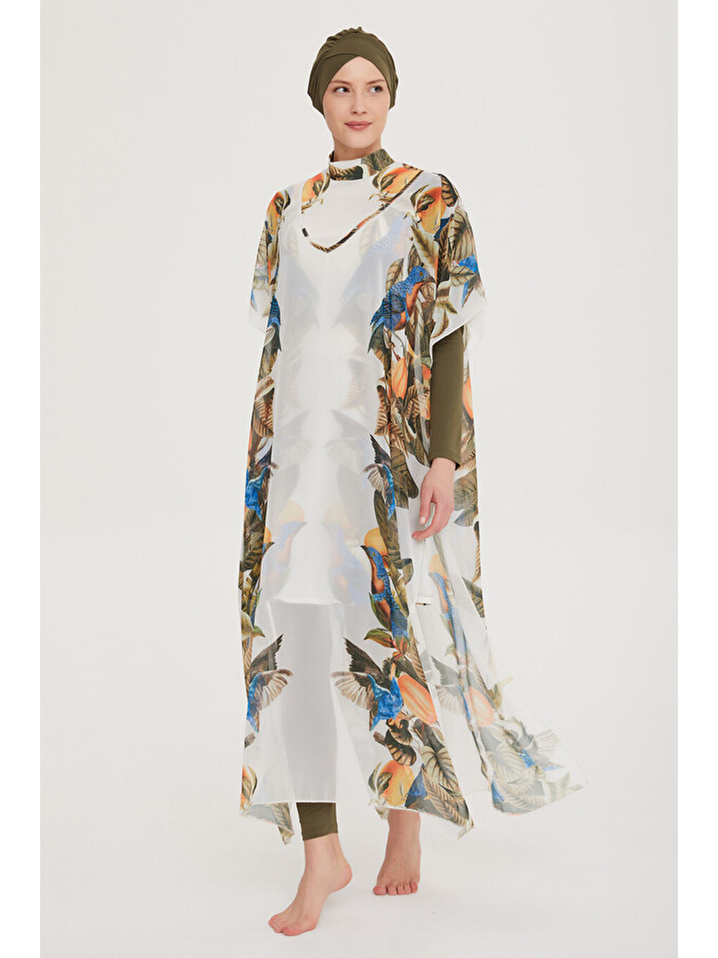 Beyaz Tesettür Mayo Üzerine Desenli Tek Kaftan Pareo 430-552 Brezilya-4